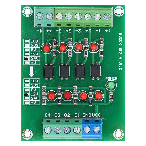 Top view of Optocoupler Isolation Board 24V To 5V PLC Converter Module With 4 Channel High Speed Isolation showing components and connectors.