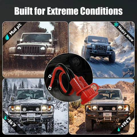 24 Foot 2 AWG Heavy Duty Winch Cable With Quick Disconnect For ATV UTV Truck And Trailer, Low Voltage Drop, Reliable Power For Off Road Recovery And Towing, 22Ft Plus 2Ft Configuration. Red and black winch cable with quick disconnect shown for mud, snow, and off-road recovery.