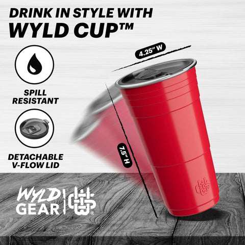 Red 24 Oz Insulated Stainless Steel Party Cup With Lid No Sweat Double Wall Vacuum Insulated Tumbler on table