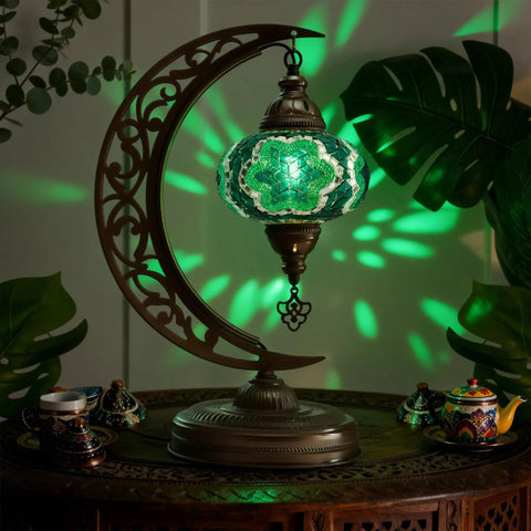Turkish Stained Glass Moon Shape Table Lamp With Mosaic Lampshade Moroccan Crescent Tiffany Style Handmade Desk Light illuminated.