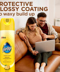 Quick Fix Wood Furniture Polish Spray For Stainless Steel And Hardwood Erases Sticky Fingerprints And Dust With A Zesty Lemon Scent, shown on couch.