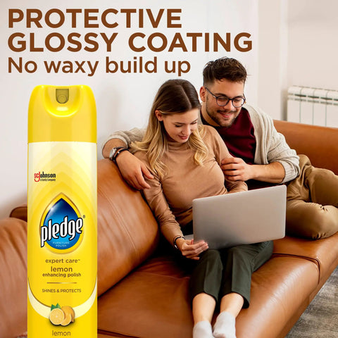 Quick Fix Wood Furniture Polish Spray For Stainless Steel And Hardwood Erases Sticky Fingerprints And Dust With A Zesty Lemon Scent, shown on couch.