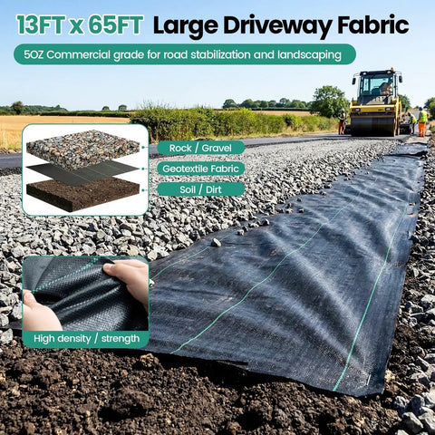 Heavy Duty Weed Barrier Landscape Fabric 13x65 Ft 5 Oz Geotextile under gravel for gardens, driveways, road construction, erosion control