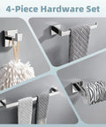 4 Piece Bathroom Hardware Set With Robe Hook Toilet Paper Holder Towel Holder And Towel Bar In SUS304 Stainless Steel Polished Chrome for modern renovations and a sleek easy home upgrade displayed on wall with towels and tissues