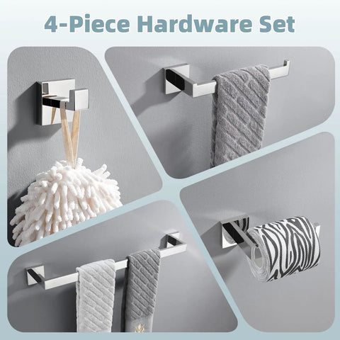 4 Piece Bathroom Hardware Set With Robe Hook Toilet Paper Holder Towel Holder And Towel Bar In SUS304 Stainless Steel Polished Chrome for modern renovations and a sleek easy home upgrade displayed on wall with towels and tissues