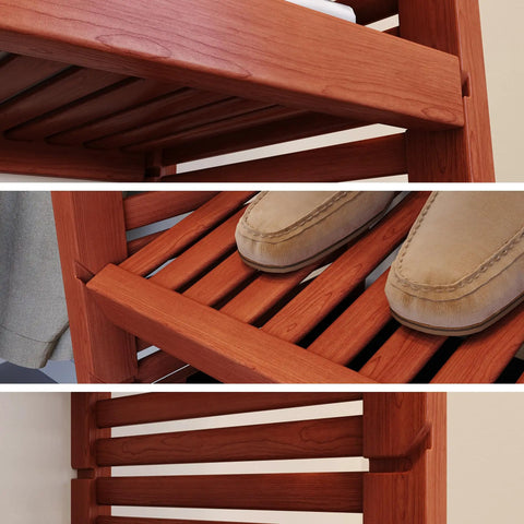 Rock Solid Hardwood Reach In Closet System With Six Smooth Glide Drawers And Dead Simple Cut To Fit Panels close-up of slatted shelf detail and shoes.