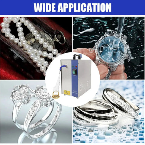 Heavy Duty Commercial Jewelry Steam Cleaner 1300W for cleaning pearls, rings, watches, and gemstone jewelry in various settings.