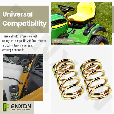 Beefed-Up Compression Seat Spring 283516 Upgrade for Zero Turn Mowers shown installed on John Deere and Grasshopper models.