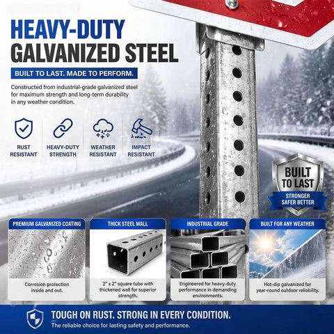 Pro Grade Galvanized Square Sign Posts built like a tank, 2 inch width, pre-drilled for outdoor parking signs, resistant to weather.