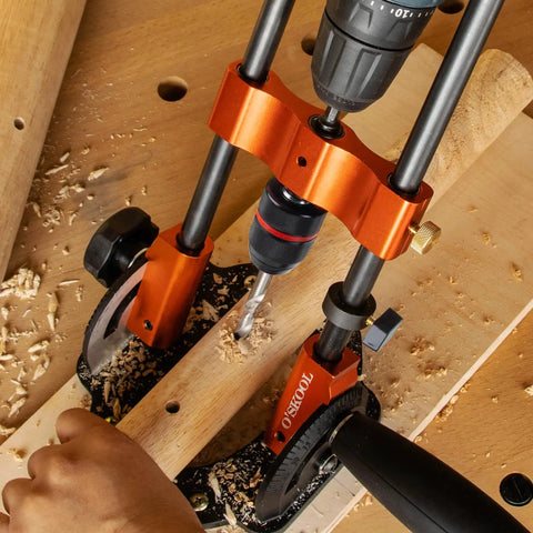 Portable Multi Angle Drill Guide With 60 Degree Adjustable Stand in use on wooden workbench for precise hole alignment.