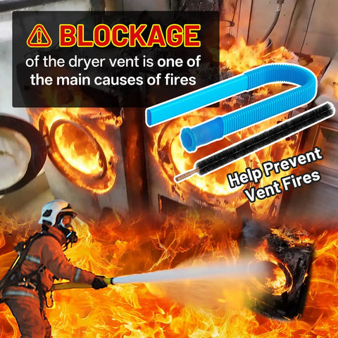 Firefighter extinguishing flames with Dryer Vent Cleaner Kit With Universal Vacuum Hose Attachment in front of burning dryer.