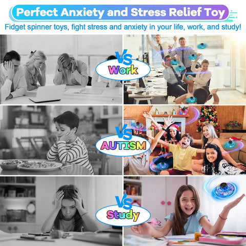 Collage showing Ultra Cool Kids Flying Drone Toy for stress relief at work, autism activities, and study time.