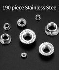 Pro Grade Stainless Steel Flange Nuts Kit With Serrated Hex Lock Nuts Assorted Metric Sizes M3 Through M12 130 Piece Set