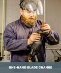 Man changing blade on Nitro 20V Power Share Pro Cordless Reciprocating Saw With Brushless Motor 4.0Ah Battery.