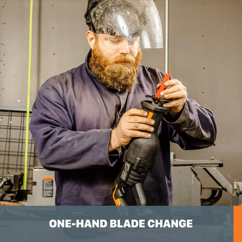 Man changing blade on Nitro 20V Power Share Pro Cordless Reciprocating Saw With Brushless Motor 4.0Ah Battery.