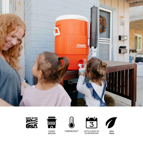 10 Gallon Portable Sports Cooler And Beverage Dispenser With Flat Seat Lid in use by children outdoors, orange and white design.