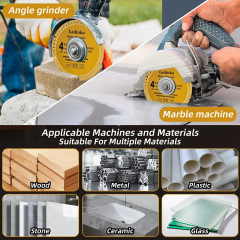 Four-pack 4-1/2 inch Ladinka electroplated diamond grinding wheels for angle grinders; multi-material cutting.