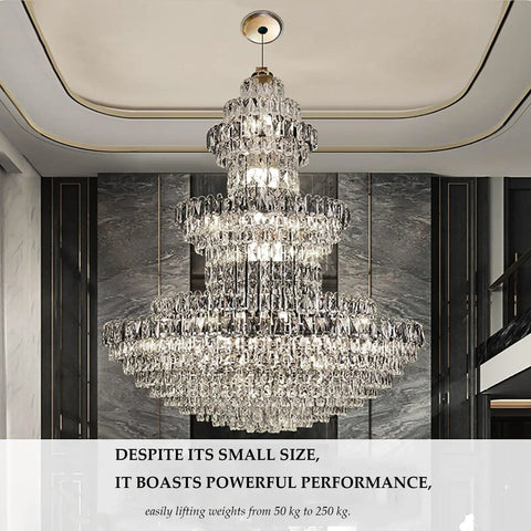Chandelier lifted by Retractable Pendant Hoist System For Chandeliers And Lighting With Remote Control Wall Switch Electric Motor Winch Lifter