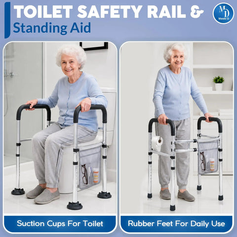 Premium Toilet Safety Rails For Aging Adults And Rehab Users Offers No Sweat Setup With Traction Handholds And Beefy Steel Tubing Folds Quick For Clutter Free Baths Bears Up To Three Hundred Fifty Pounds Without Breaking A Sweat, shown as standing aid with a senior caregiver.