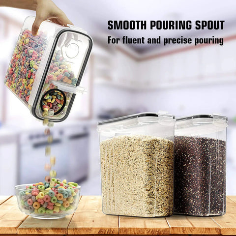 Pouring cereal from Six Piece Cereal Storage Set With Airtight 4L Plastic Canisters BPA Free For Flour Sugar And Cereal