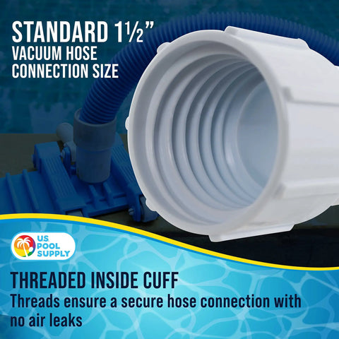 Twist On One And A Half Inch Pool Vacuum Hose Cuff Replacement Pack Two Pack ABS Plastic Threaded Inside Cuff For Secure Leak Free Connections Repairs Cracked Hose Ends Fits Spiral Wound Hoses Easy Install showing detailed view at an angle.