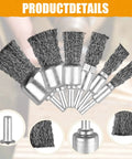 Six Size Drill Wire End Brush Set With Crimped Carbon Steel Wires And One Quarter Inch Shanks Includes 10mm to 30mm diameters
