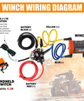 Winch wiring diagram for 4500 Lb Electric Winch With Wireless Remote, showing cables and ATV in background.