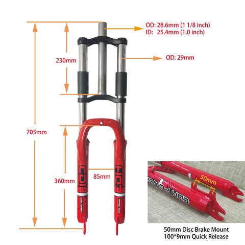 26 Inch Suspension Front Fork With One And One Eighth Inch Headset Disc Brake Ready Aluminum Triple Tree Red Travel 90 100mm