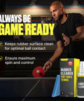 Table Tennis Rubber Cleaning Kit With 200ml Rubber Cleaner And Sponge Included For Ping Pong Paddles Eliminate Dirt And Dust Boost Spin Enhance Control And Preserve Rubber For Long Lasting Play, player using spray bottle and sponge