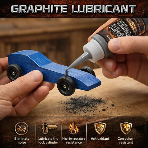 Hand applying 4 Oz Graphite Powder Lubricant For Locks And Hinges, 3000 Mesh High Pure Graphite, on a wooden toy car axle