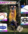 Child using Backyard Zipline Kit For Kids And Adults With Stainless Steel Spring Brake, cable, harness, and seat.