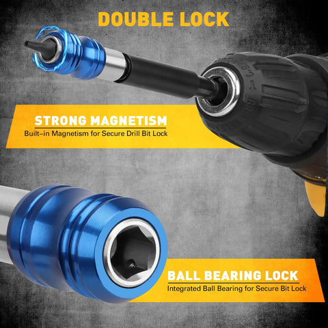 Close-up view of 3 Piece One Quarter Inch Quick Change Drill Bit Holder Set with Four Inch Hex Shank Extensions and no slip CRV steel.