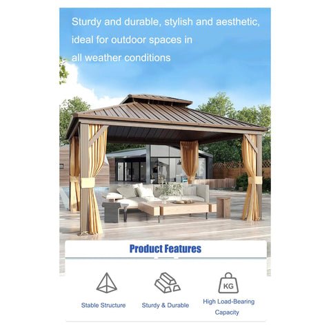 Front view of All Season Hardtop Metal Roof Gazebo With Mosquito Netting And Privacy Curtains For Backyard Patio Deck 10x12 Ft