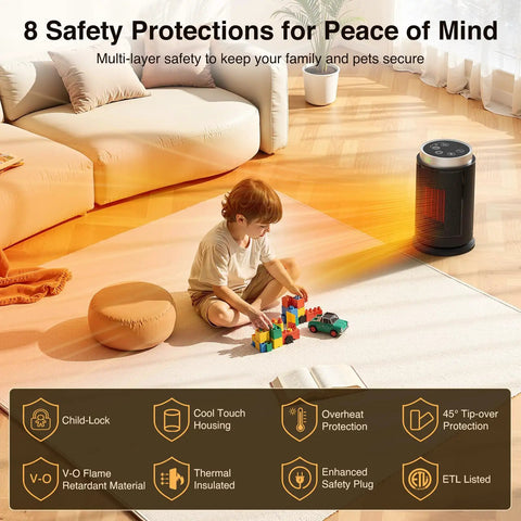 Child playing near Ultra Quiet 1500W Portable Space Heater With Digital Display Ceramic PTC Fast Heating Wide Angle Heat Thermostat