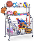 Heavy Duty Ball Organizer For Garage And Home Gym With Baseball Bat Holder And 3 Hooks 2 Large Bins And 4 Mesh Baskets Full of Sports Equipment