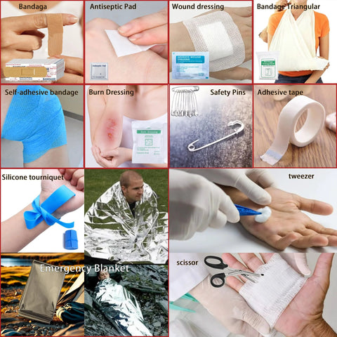 First aid kit 293-piece set with red MOLLE pouch; assortment of bandages, antiseptic pads, dressings, tape and tools