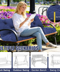 Woman sitting on a bench with navy blue Porch Swing Cushions For 60 Inch Benches Weatherproof Outdoor Must-Have 3 Seater Cushion Thick 5 Inch Replacement Cushions For Patio Furniture Navy Blue 60x40 Inch UV Resistant Fade Resistant.