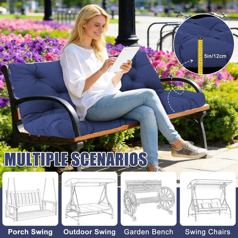 Woman sitting on a bench with navy blue Porch Swing Cushions For 60 Inch Benches Weatherproof Outdoor Must-Have 3 Seater Cushion Thick 5 Inch Replacement Cushions For Patio Furniture Navy Blue 60x40 Inch UV Resistant Fade Resistant.