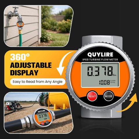 Rugged All Weather Outdoor Ready Waterproof 1 Inch Fuel Flow Meter With Three Quarters Inch NPT Adapter and digital display