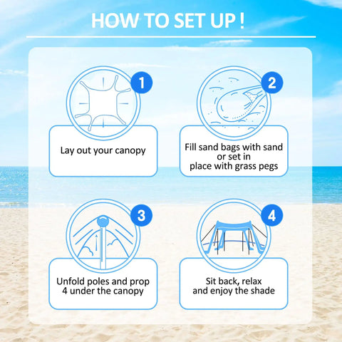 Setup guide for Beach Canopy Tent 11 by 11 ft with 6 sandbags and 4 poles on a sunny beach background