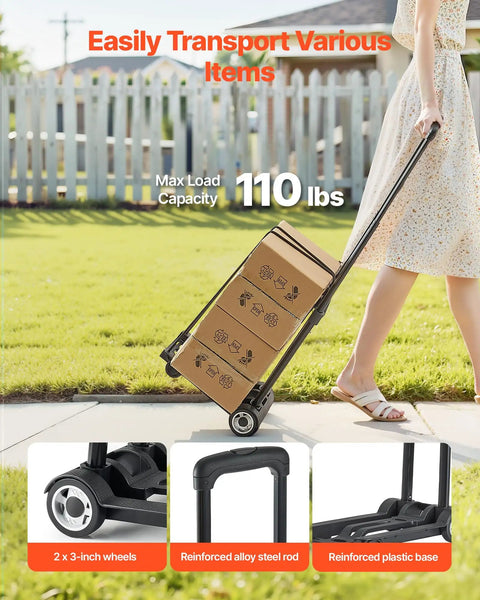 Foldable Hand Truck For Quick Moves 110 Lb Load Capacity Collapsible Luggage Cart With 2 Wheels and Elastic Rope Handy Dolly