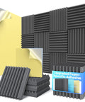 Badass Sound Proof Foam Panels Self Adhesive Acoustic Wall Tiles With High Density Build For Killer Echo Dampening and Smooth Peel And Stick Upgrade For Home Theater Or Recording Studio Setup displayed in multiple angles with adhesive visible.