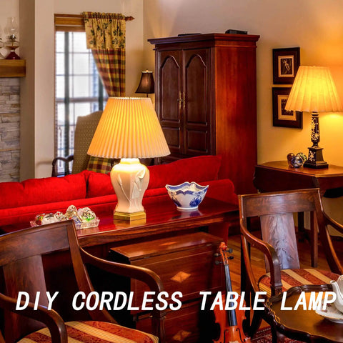 Cozy living room with DIY cordless table lamp and red sofa, wooden furniture, and warm lighting