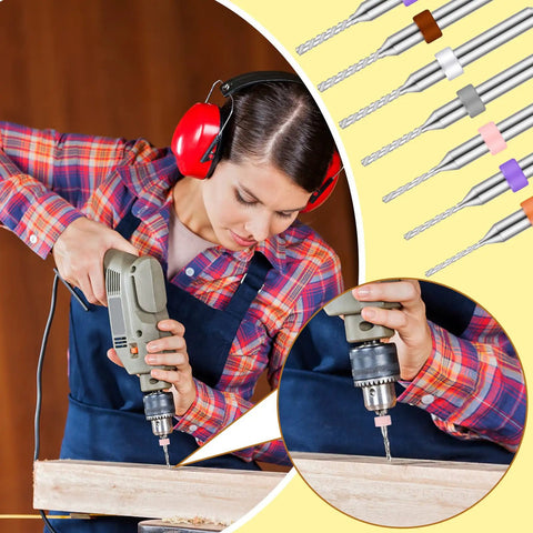 Woman using Pro Grade 30 Pc Shank Tungsten Carbide Micro Drill Bit Set For PCB Milling And Jewelry Engraving on a wooden surface