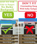 Comparison of Slide-In Range Gap Filler Kit Universal Triangle Stove Trim fit with and without bulky back guard.