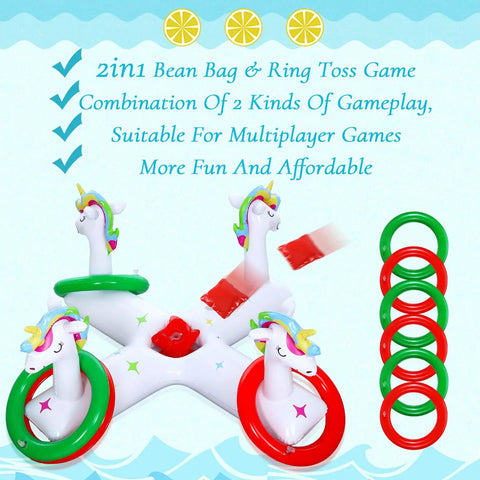 Unicorn Inflatable Pool Ring Toss Set With Six Rings Two Bean Bags And Pump Two In One Floating Pool Fun Game For Adults And Family