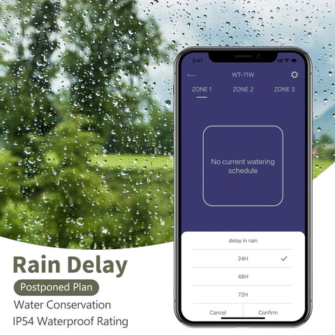 WiFi Sprinkler Timer 3 Zone With Alexa And Google Assistant Compatibility showing rain delay on smartphone app interface.
