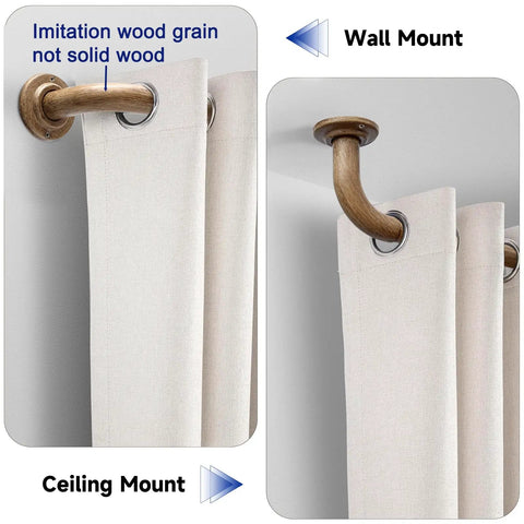 Heavy Duty Adjustable Curtain Rod Set With One Inch Diameter Wood Grain Pattern showing wall and ceiling mounts for thick drapes