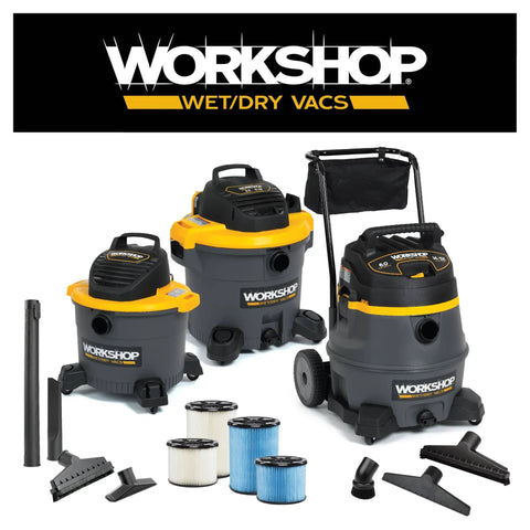 Workshop wet dry vacuums with various attachments and filters displayed on a white background.