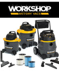 Various Workshop wet/dry vacuums and accessories displayed with replacement one and a quarter inch six foot friction fit vacuum hose